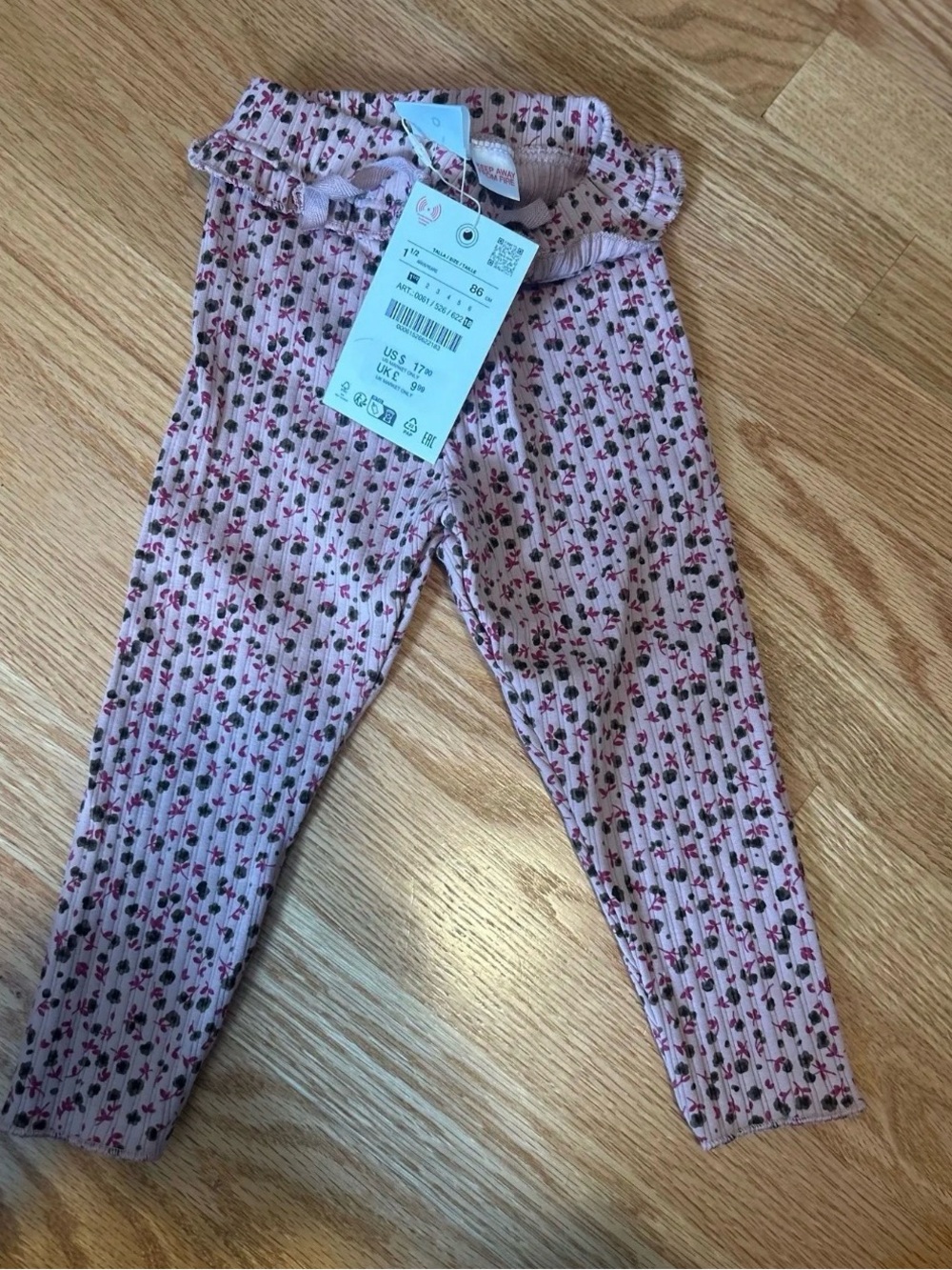 Zara Pink Floral Ribbed Leggings with Ruffle Waistband